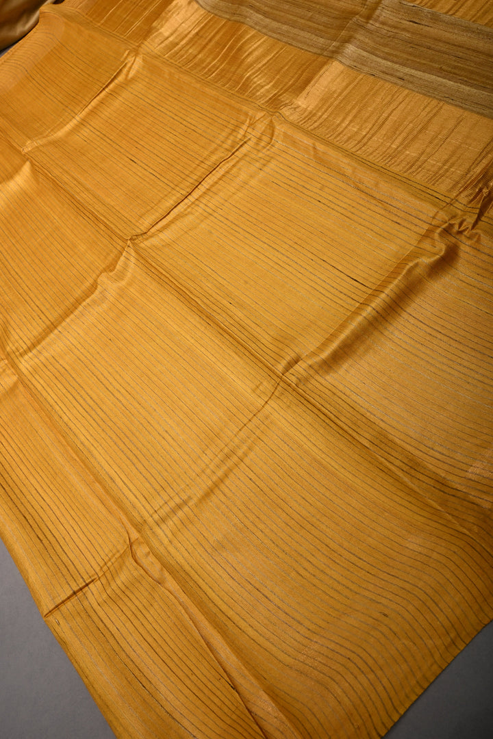 Mustard Yellow Borderless Handloom Tussar Saree with Stripes Pattern  | SILK MARK CERTIFIED | SHOBITAM