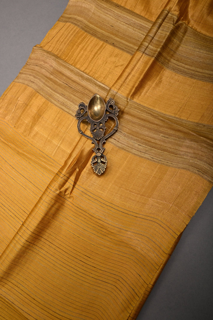 Mustard Yellow Borderless Handloom Tussar Saree with Stripes Pattern  | SILK MARK CERTIFIED | SHOBITAM