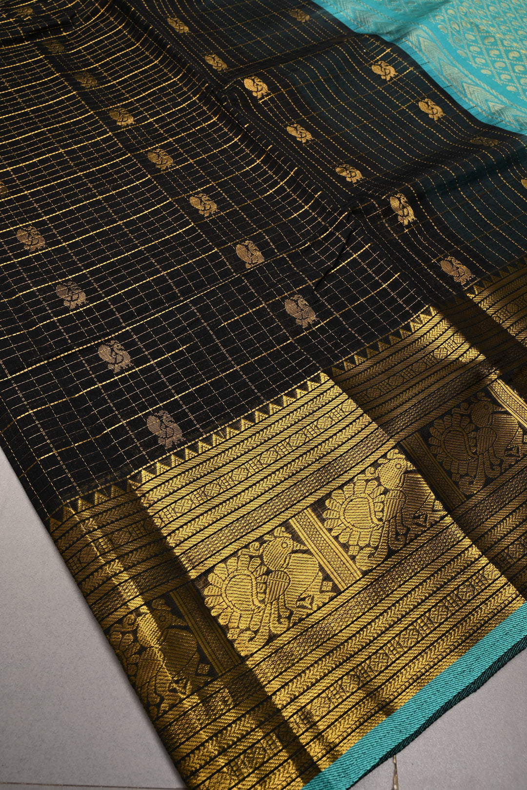 Black Kanchi Silk Cotton Handloom Zari Checks Saree with Zari Buttas and Zari Border | SHOBITAM