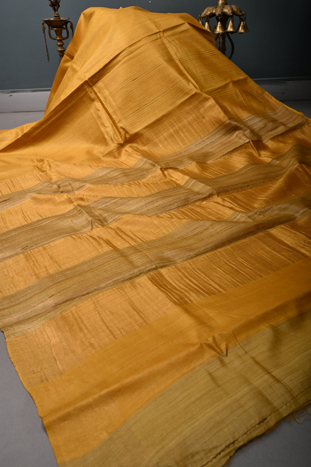 Mustard Yellow Borderless Handloom Tussar Saree with Stripes Pattern  | SILK MARK CERTIFIED | SHOBITAM
