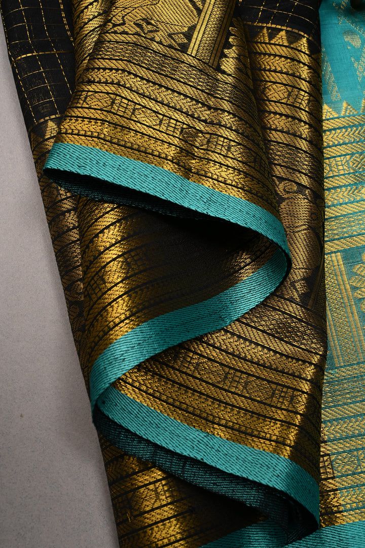 Black Kanchi Silk Cotton Handloom Zari Checks Saree with Zari Buttas and Zari Border | SHOBITAM