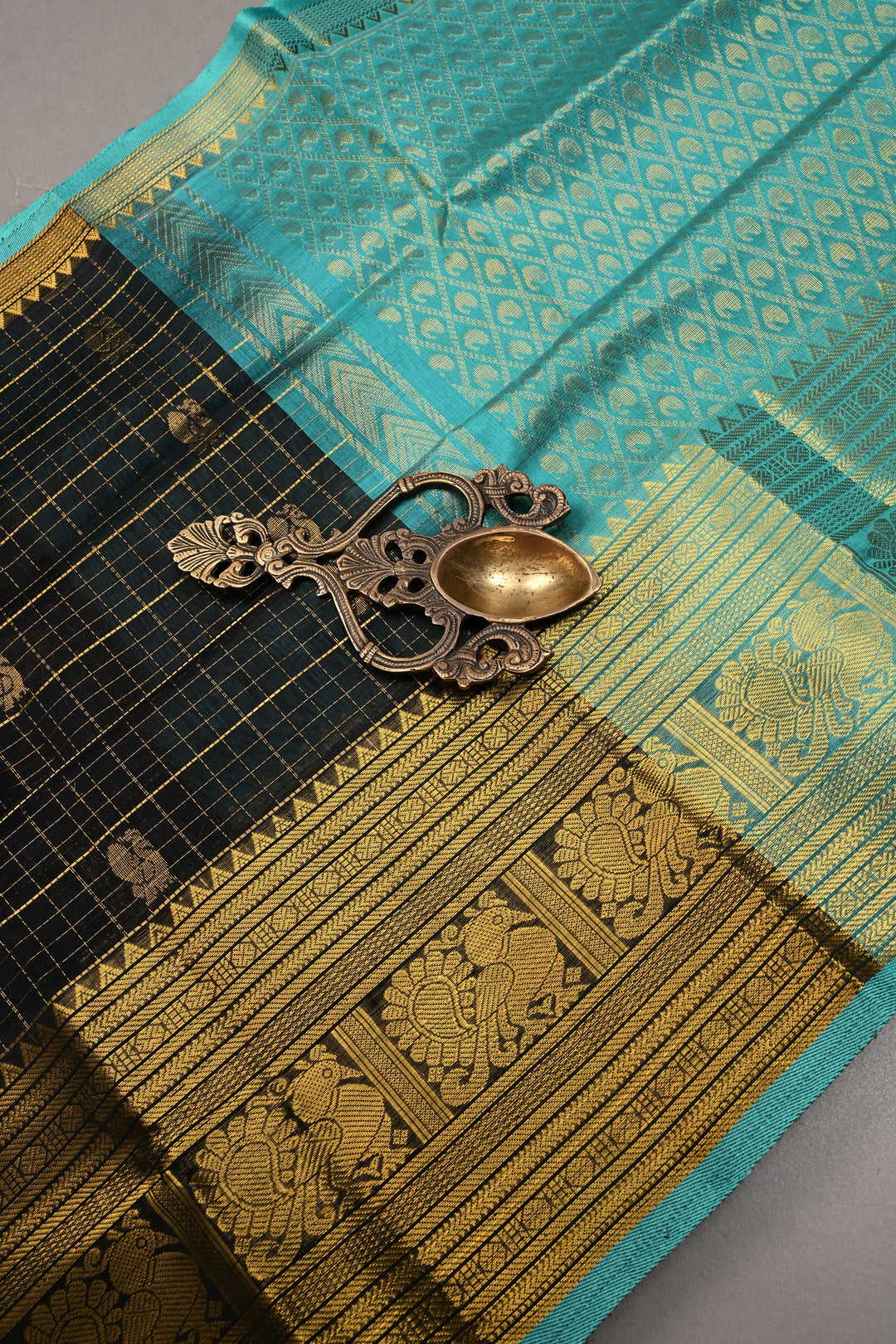 Black Kanchi Silk Cotton Handloom Zari Checks Saree with Zari Buttas and Zari Border | SHOBITAM