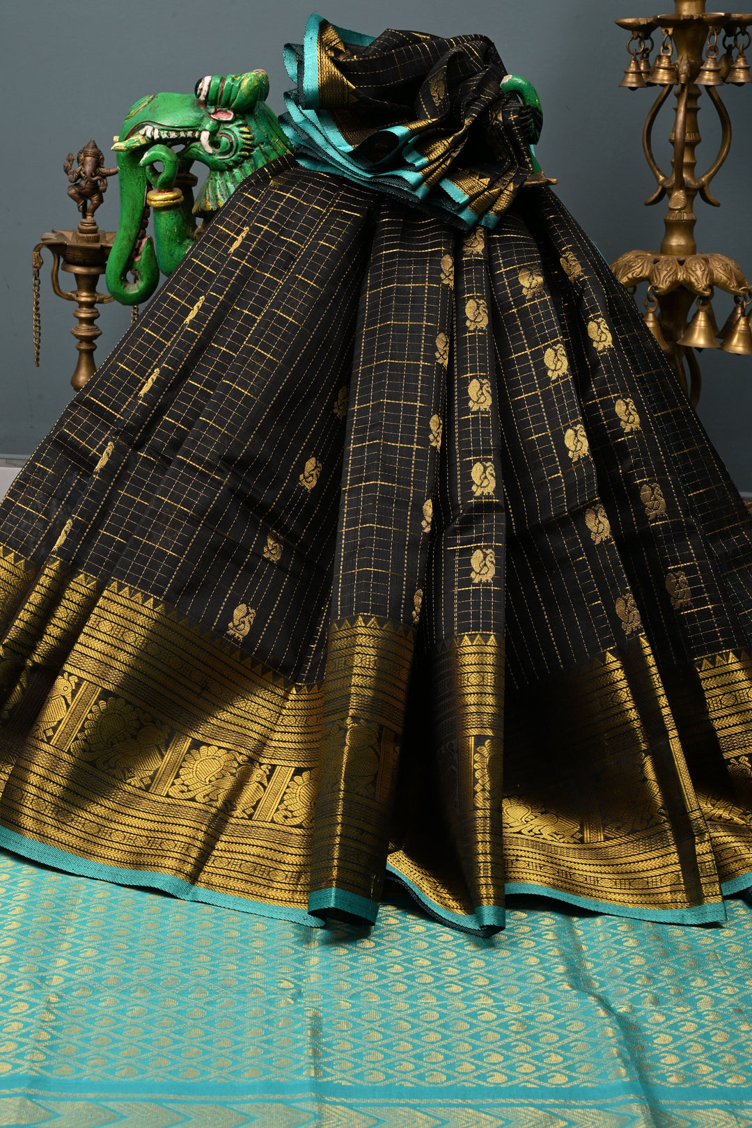 Black Kanchi Silk Cotton Handloom Zari Checks Saree with Zari Buttas and Zari Border | SHOBITAM