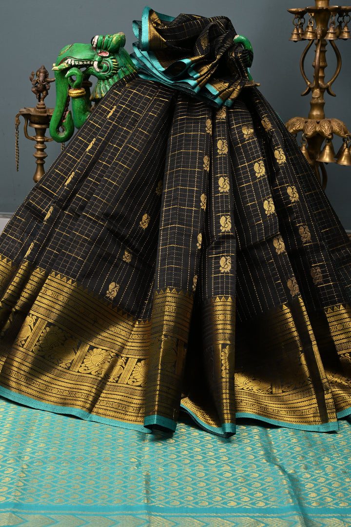 Black Kanchi Silk Cotton Handloom Zari Checks Saree with Zari Buttas and Zari Border | SHOBITAM