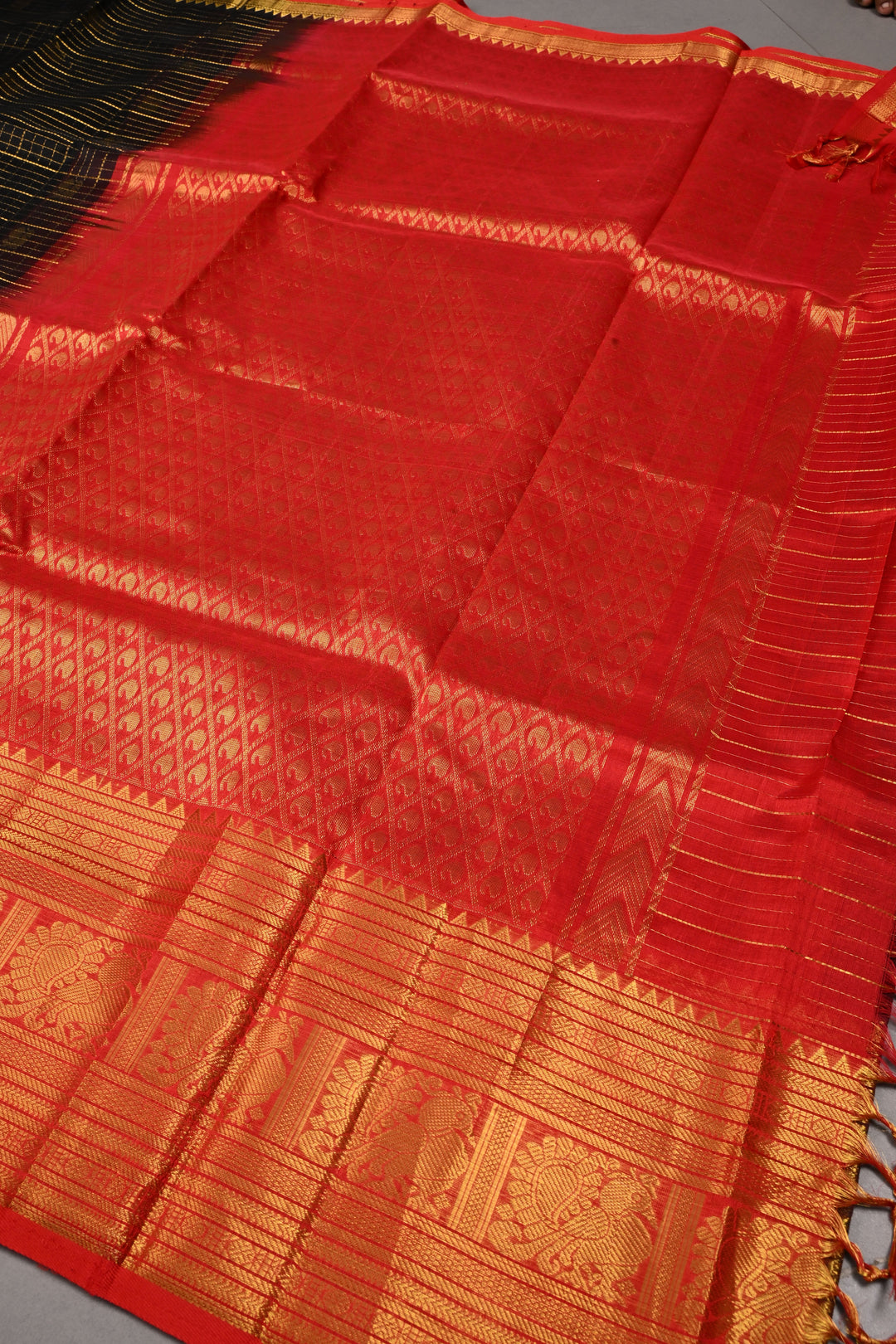 Black Zari Checks on Kanchi Silk Cotton Handloom Saree with Peacock Buttas and Zari Border | SHOBITAM