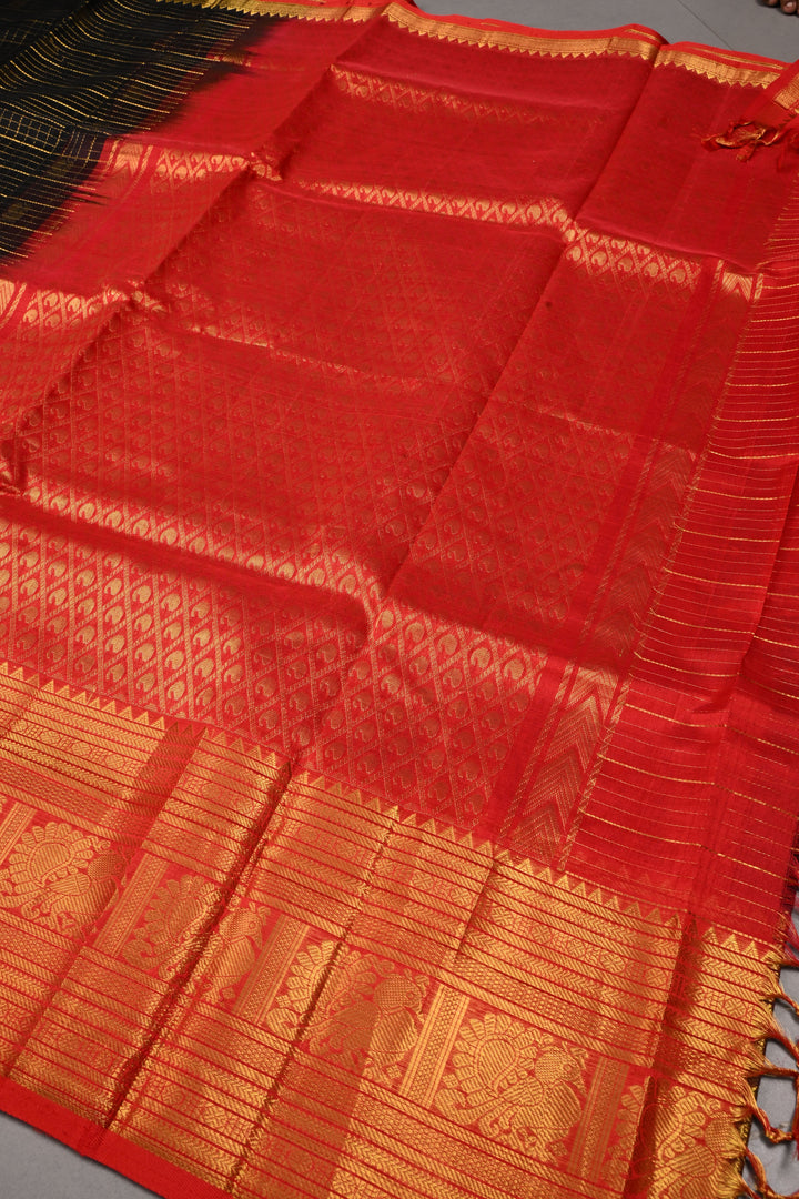 Black Zari Checks on Kanchi Silk Cotton Handloom Saree with Peacock Buttas and Zari Border | SHOBITAM