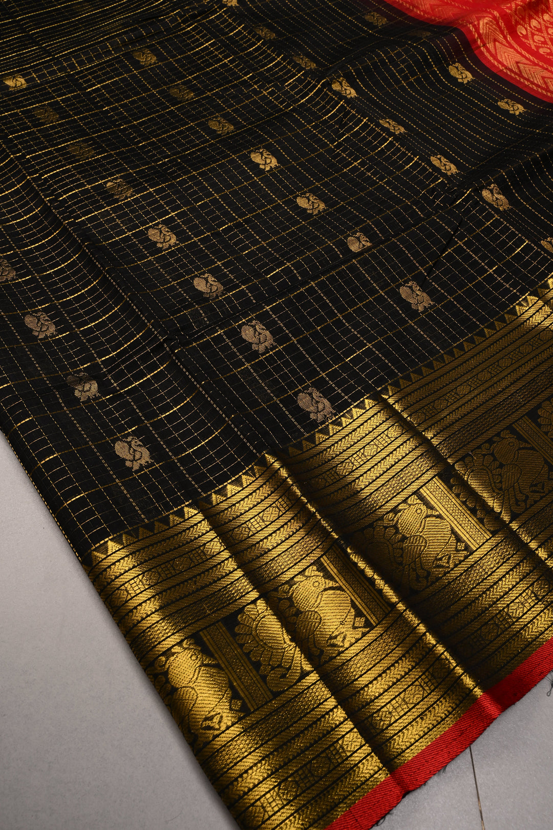 Black Zari Checks on Kanchi Silk Cotton Handloom Saree with Peacock Buttas and Zari Border | SHOBITAM