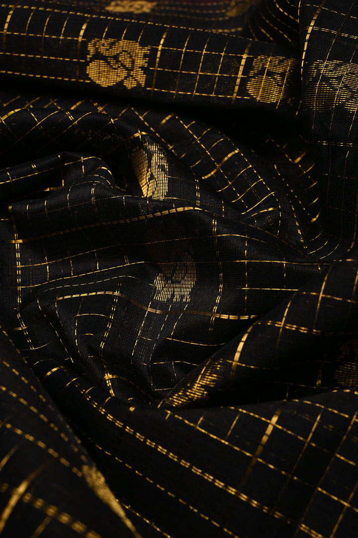 Black Zari Checks on Kanchi Silk Cotton Handloom Saree with Peacock Buttas and Zari Border | SHOBITAM