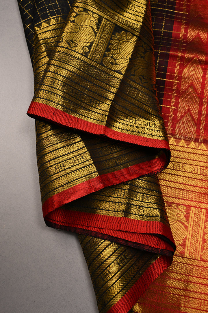 Black Zari Checks on Kanchi Silk Cotton Handloom Saree with Peacock Buttas and Zari Border | SHOBITAM