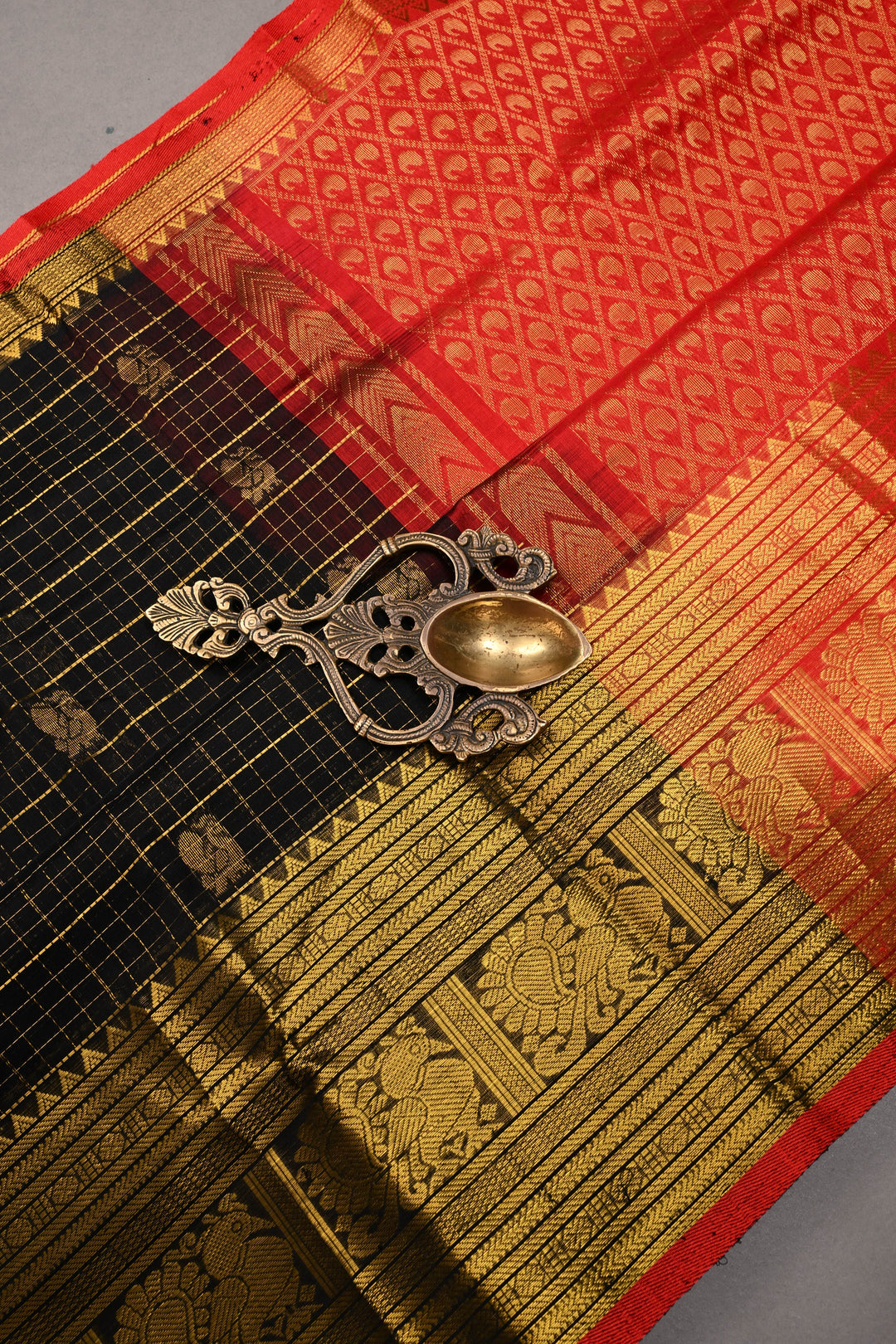 Black Zari Checks on Kanchi Silk Cotton Handloom Saree with Peacock Buttas and Zari Border | SHOBITAM