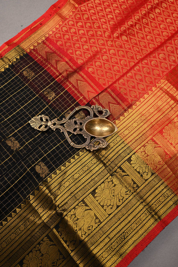 Black Zari Checks on Kanchi Silk Cotton Handloom Saree with Peacock Buttas and Zari Border | SHOBITAM