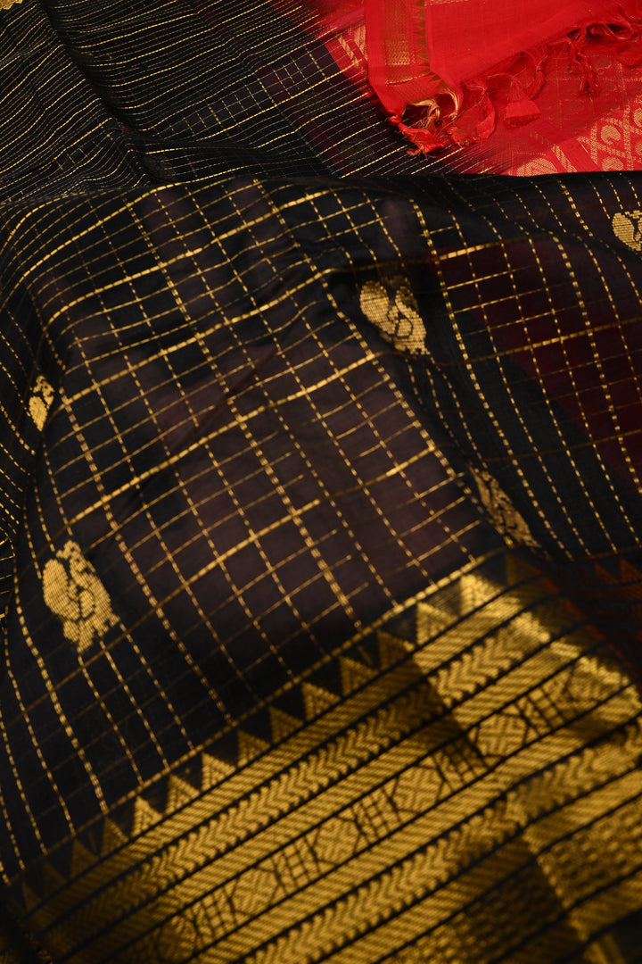 Black Zari Checks on Kanchi Silk Cotton Handloom Saree with Peacock Buttas and Zari Border | SHOBITAM