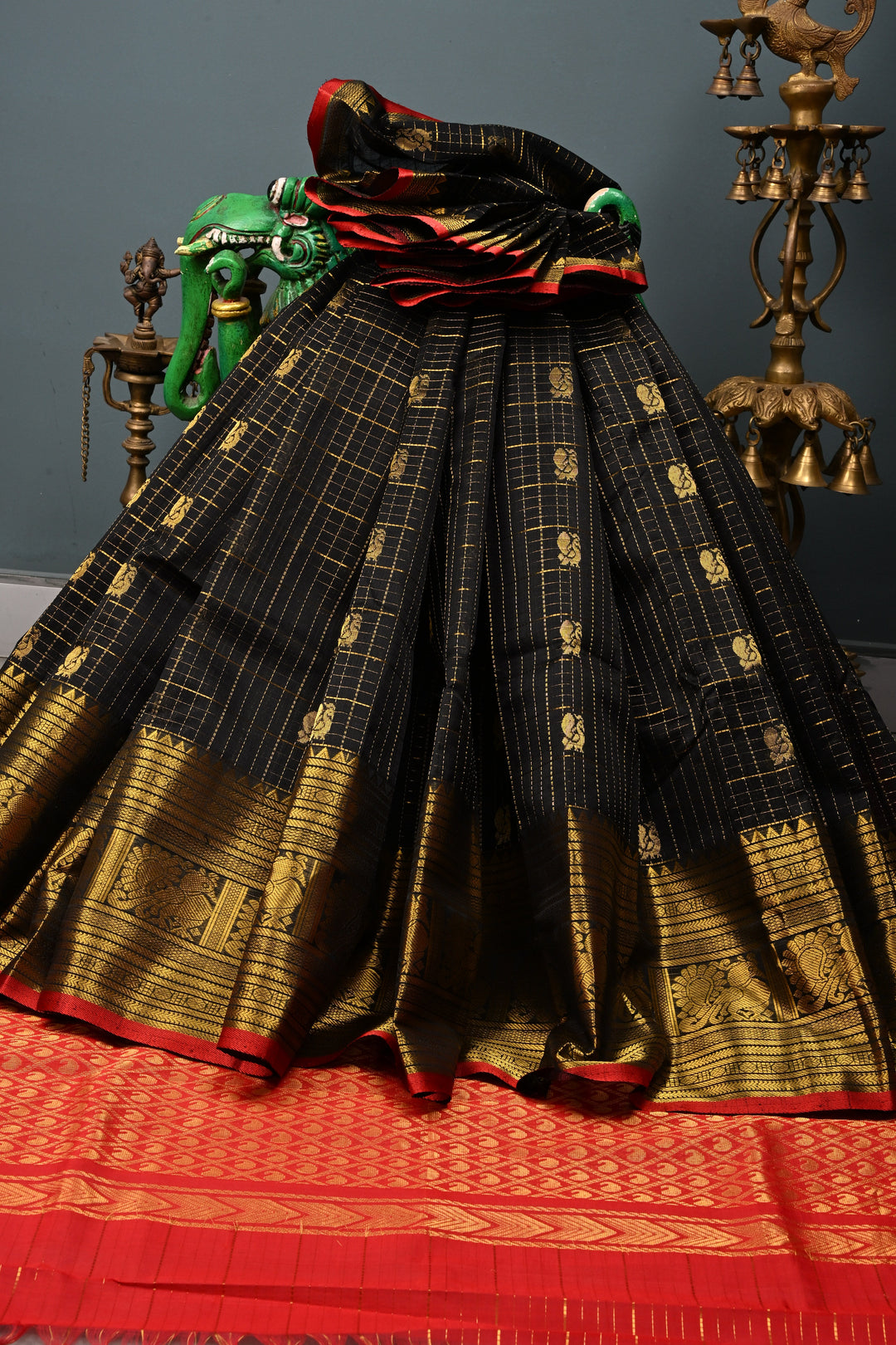 Black Zari Checks on Kanchi Silk Cotton Handloom Saree with Peacock Buttas and Zari Border | SHOBITAM