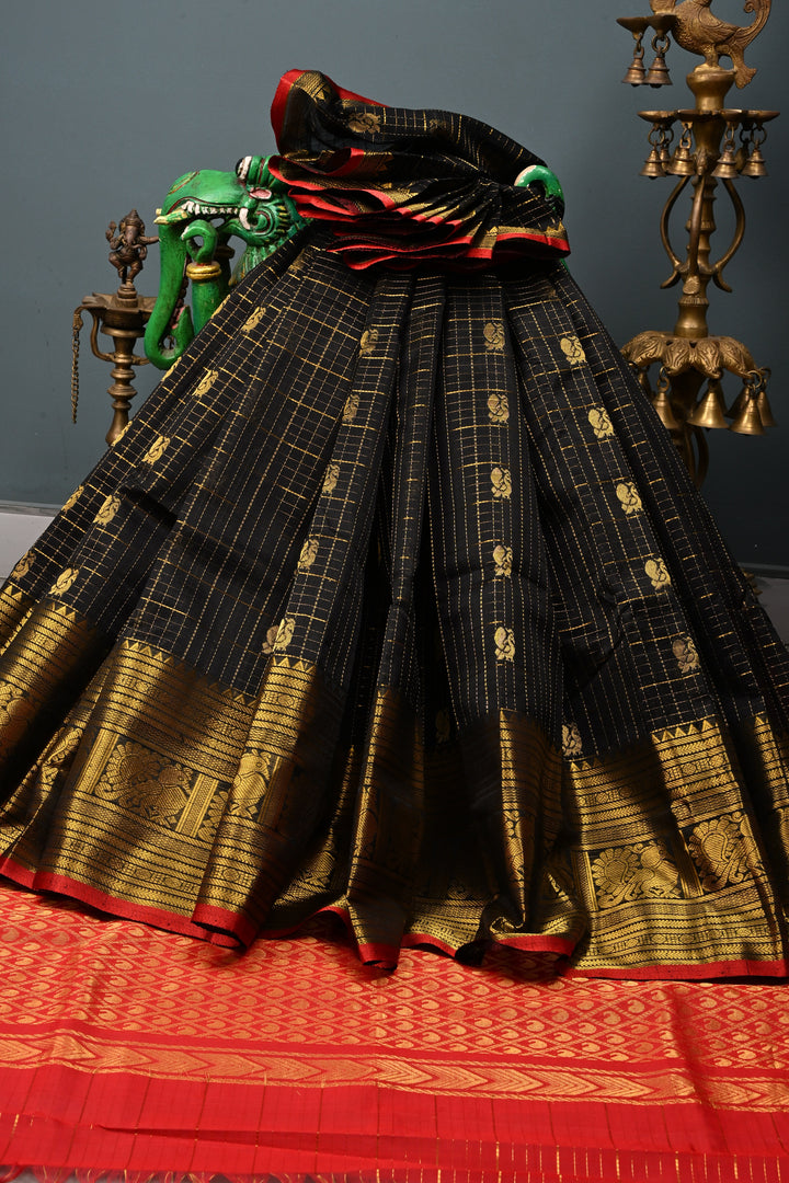 Black Zari Checks on Kanchi Silk Cotton Handloom Saree with Peacock Buttas and Zari Border | SHOBITAM