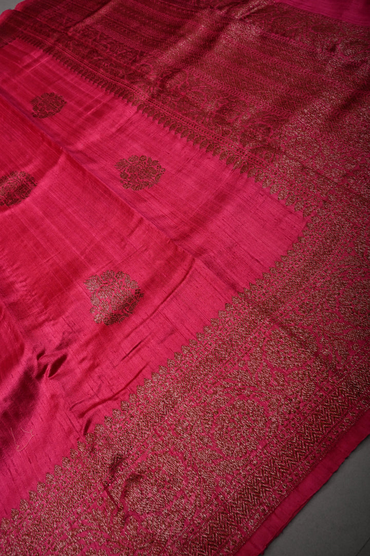 Magenta Banarasi Raw Silk Saree with Antique Floral Zari Buttas and Zari Border | SILK MARK CERTIFIED | SHOBITAM (Copy)