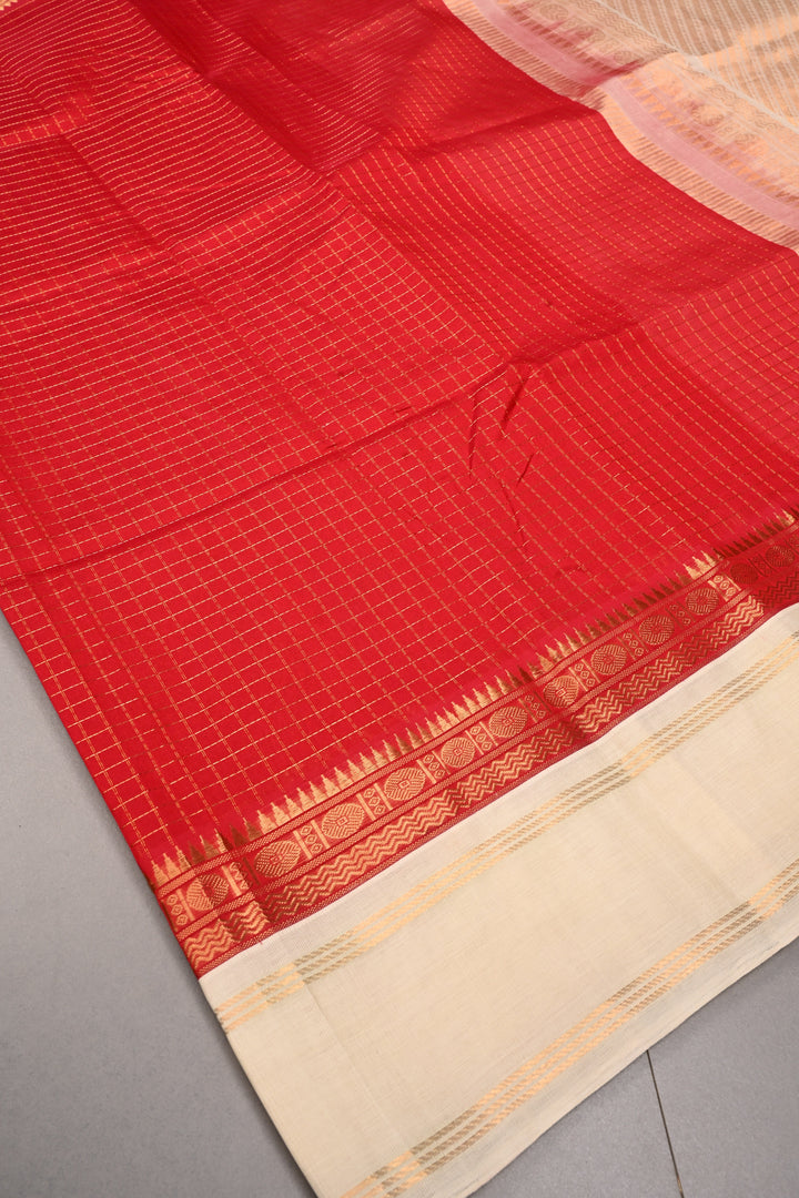 Red Korvai Kanchi Silk Cotton Handloom Saree with Checks Pattern and Contrast Zari Border