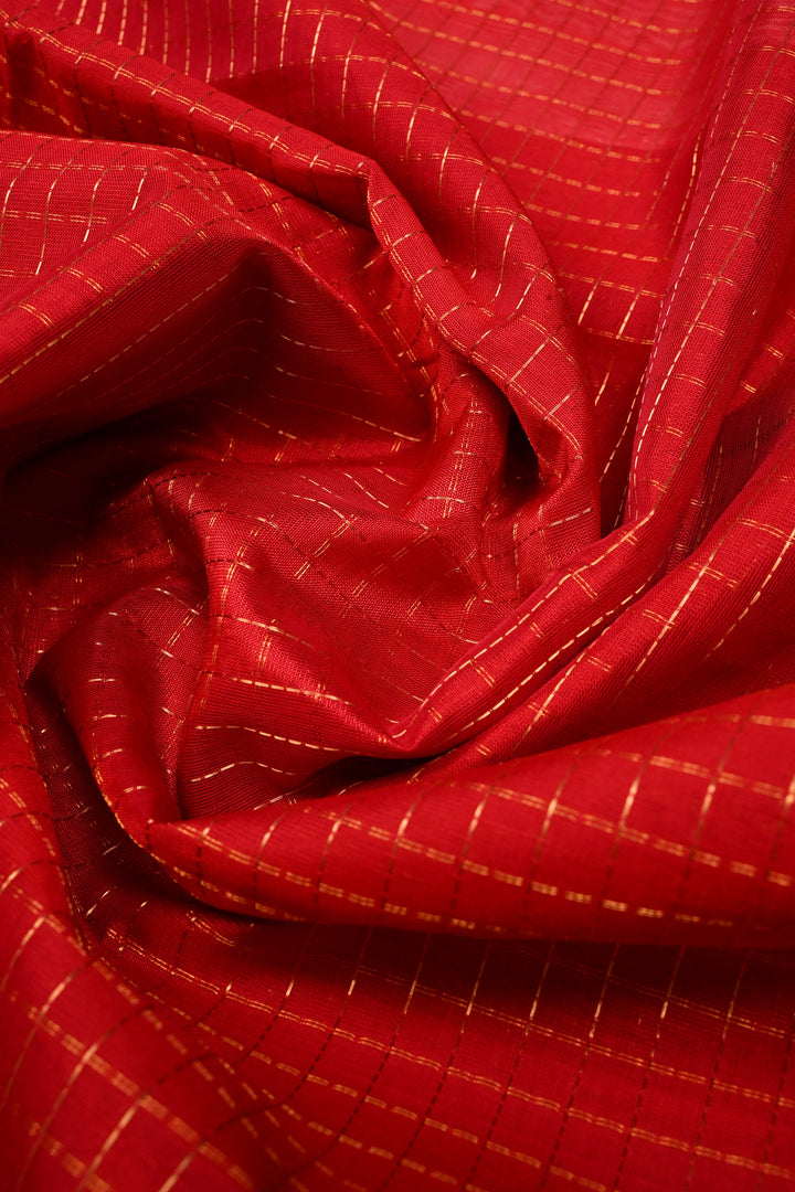 Red Korvai Kanchi Silk Cotton Handloom Saree with Checks Pattern and Contrast Zari Border