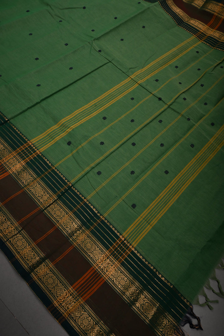 Green Kanchi Cotton Saree with Thread Buttas and Zari Borders | SHOBITAM
