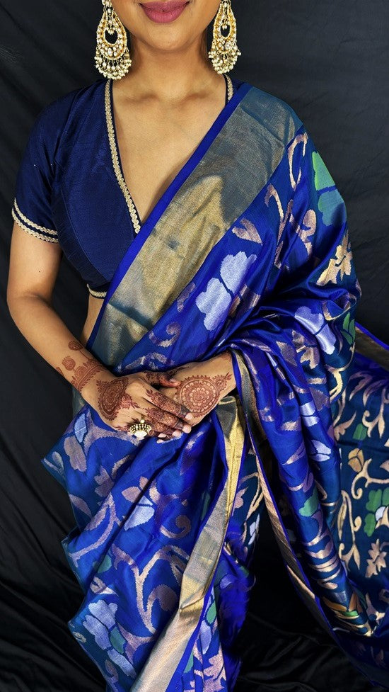 Pre Order Kimaya - Royal Blue Handwoven Jamdani Silk Saree | SILK MARK CERTIFIED | SHOBITAM