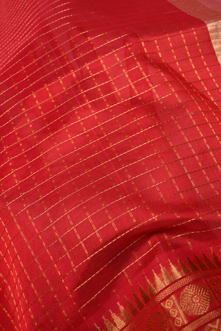 Red Korvai Kanchi Silk Cotton Handloom Saree with Checks Pattern and Contrast Zari Border
