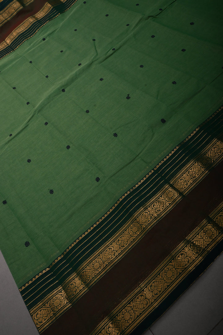 Green Kanchi Cotton Saree with Thread Buttas and Zari Borders | SHOBITAM