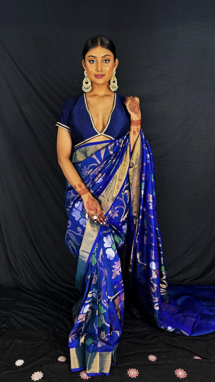 Pre Order Kimaya - Royal Blue Handwoven Jamdani Silk Saree | SILK MARK CERTIFIED | SHOBITAM