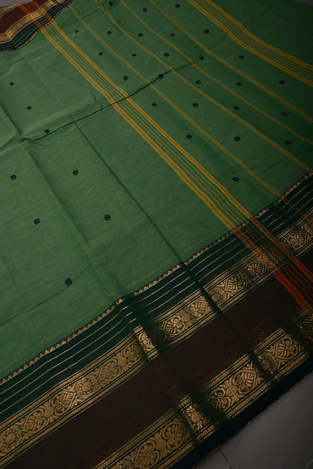 Green Kanchi Cotton Saree with Thread Buttas and Zari Borders | SHOBITAM