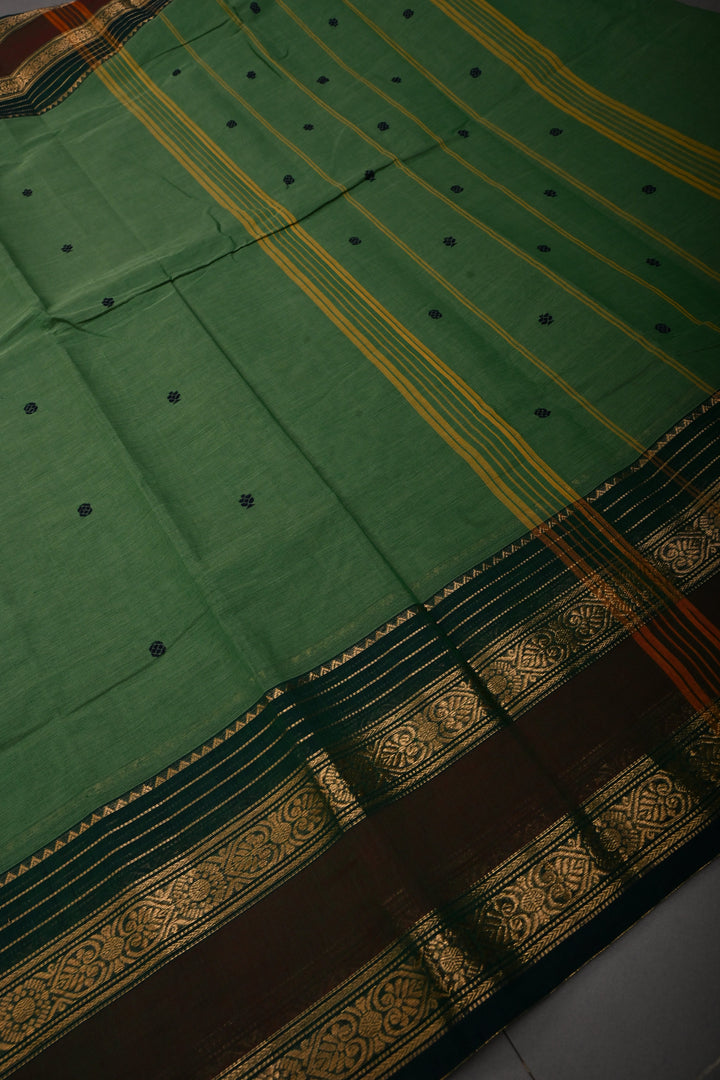 Green Kanchi Cotton Saree with Thread Buttas and Zari Borders | SHOBITAM
