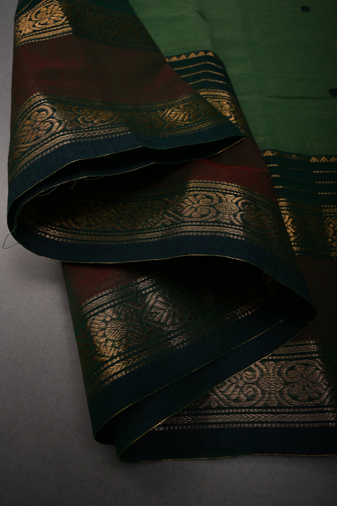 Green Kanchi Cotton Saree with Thread Buttas and Zari Borders | SHOBITAM