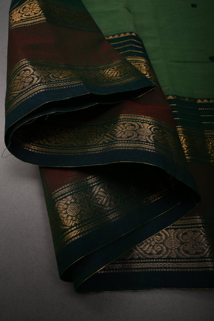 Green Kanchi Cotton Saree with Thread Buttas and Zari Borders | SHOBITAM