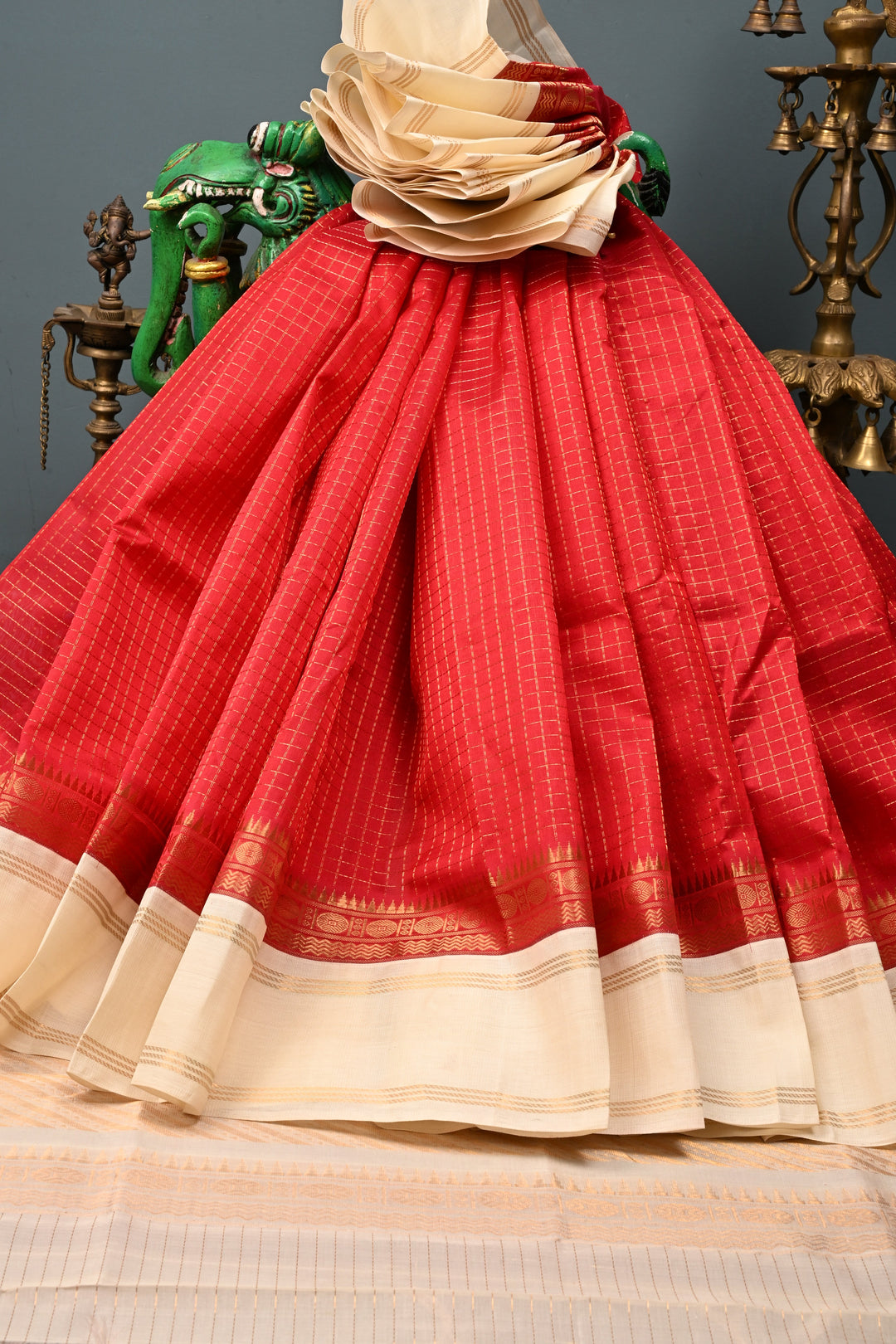 Red Korvai Kanchi Silk Cotton Handloom Saree with Checks Pattern and Contrast Zari Border
