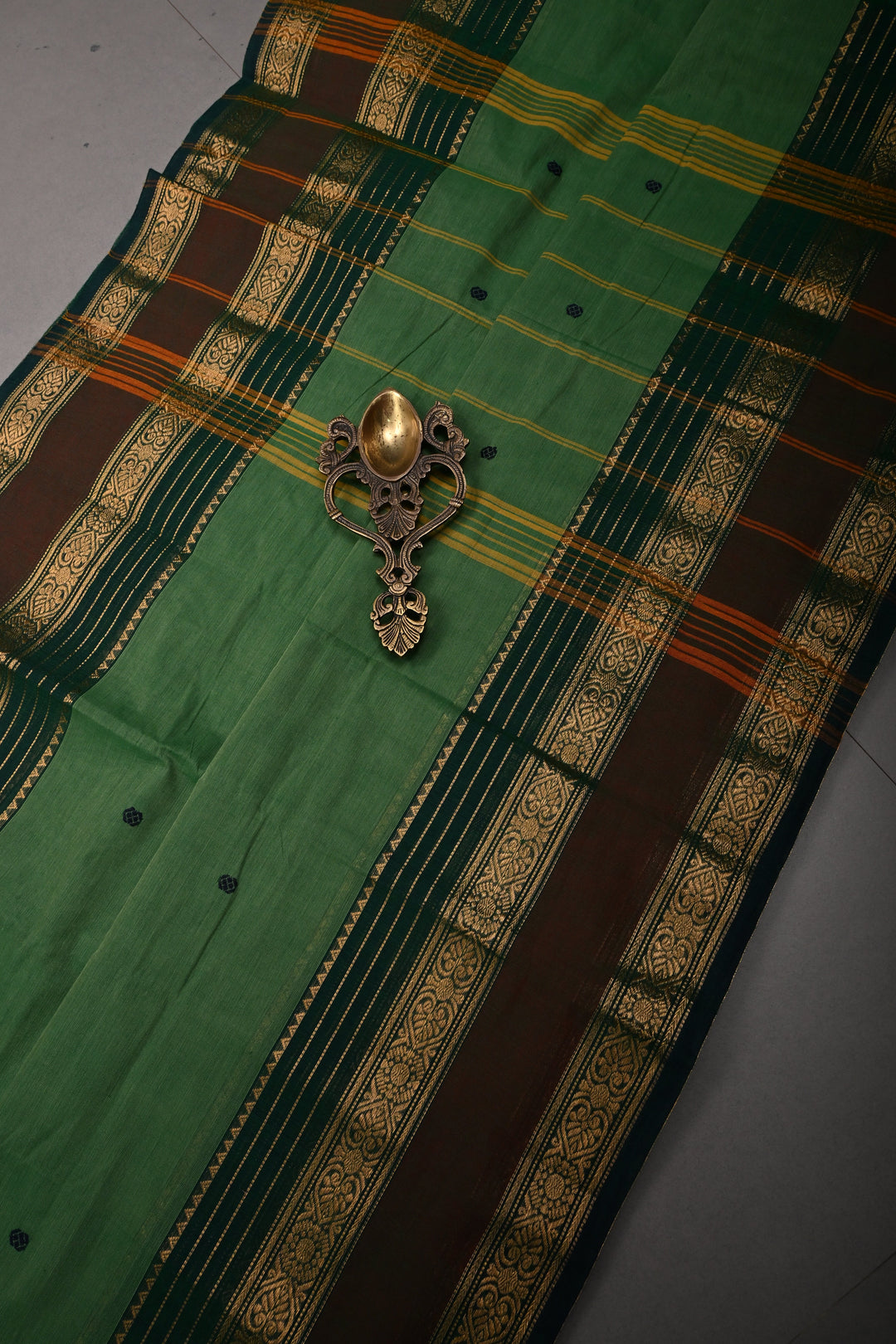Green Kanchi Cotton Saree with Thread Buttas and Zari Borders | SHOBITAM