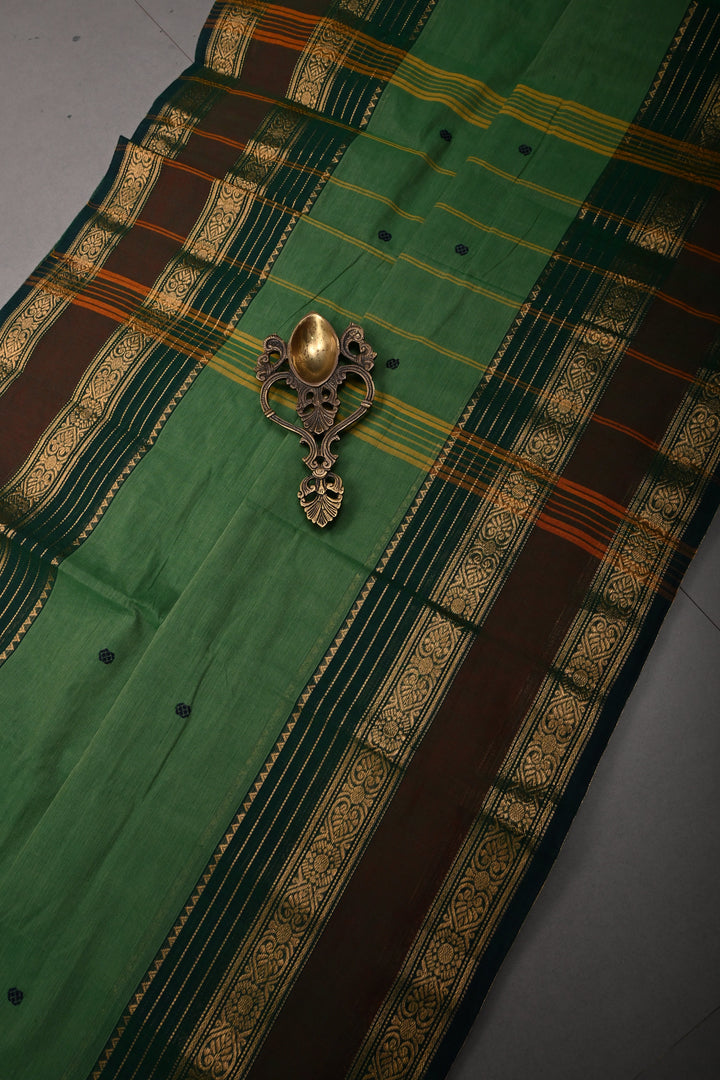 Green Kanchi Cotton Saree with Thread Buttas and Zari Borders | SHOBITAM