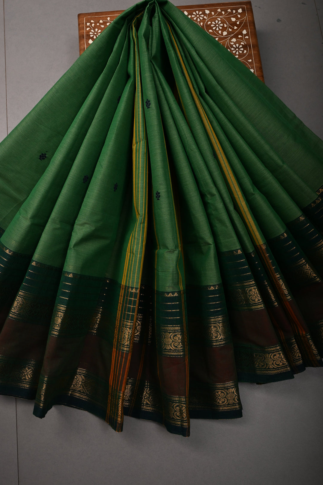 Green Kanchi Cotton Saree with Thread Buttas and Zari Borders | SHOBITAM