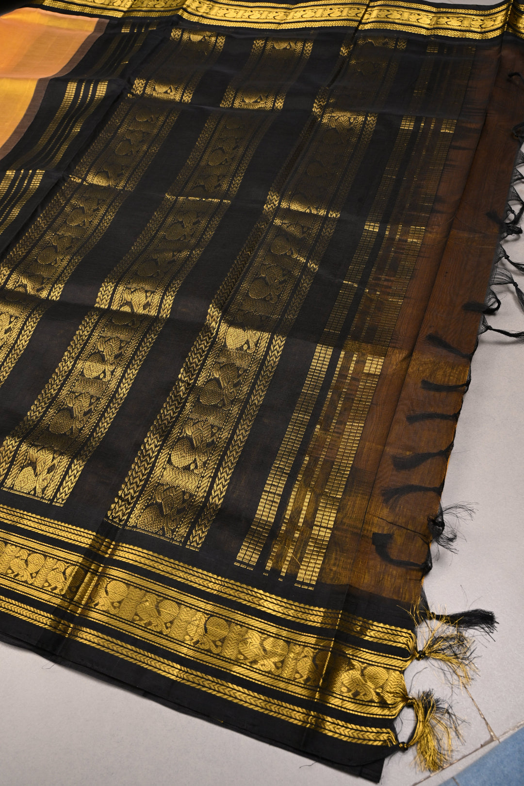 Mustard Yellow Korvai Kanchi Silk Cotton Handloom Saree and Contrast Zari Border | SHOBITAM