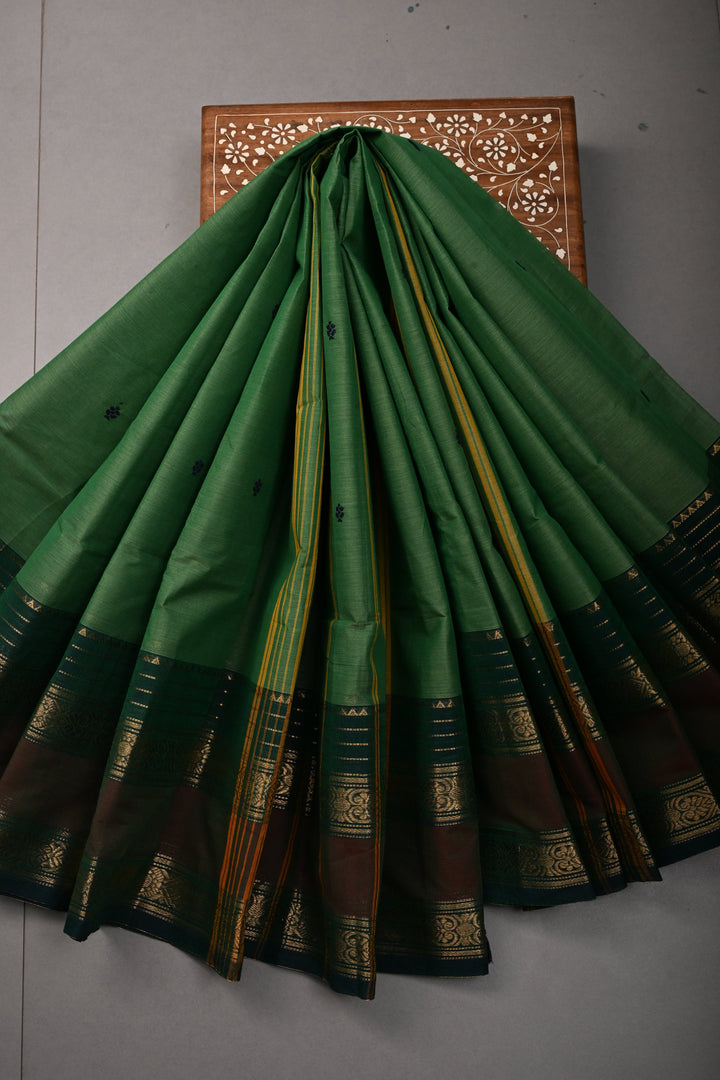 Green Kanchi Cotton Saree with Thread Buttas and Zari Borders | SHOBITAM