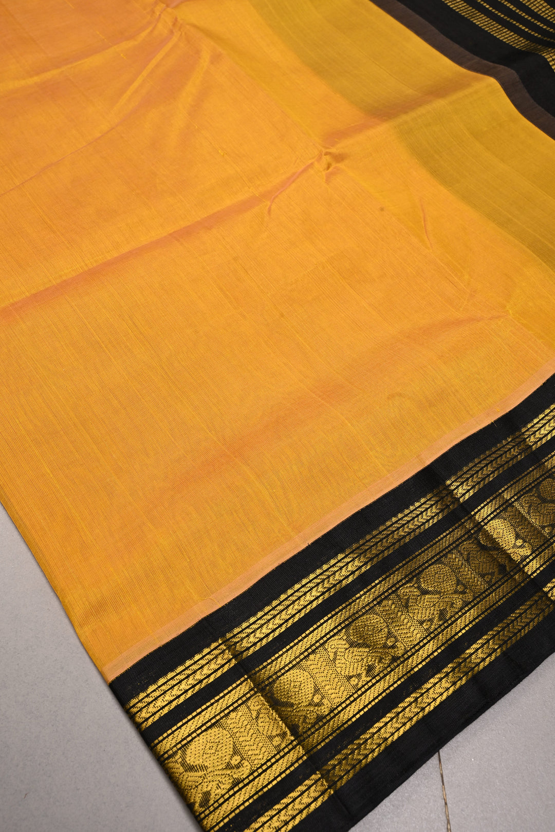 Mustard Yellow Korvai Kanchi Silk Cotton Handloom Saree and Contrast Zari Border | SHOBITAM