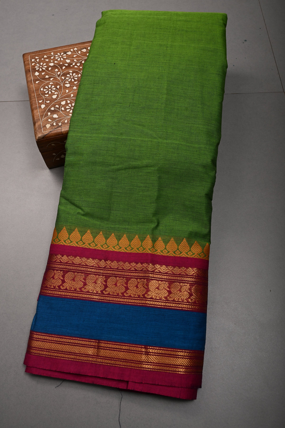 Parrot Green Kanchi Cotton Saree with Contrast Zari Borders | SHOBITAM