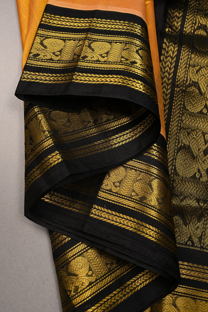 Mustard Yellow Korvai Kanchi Silk Cotton Handloom Saree and Contrast Zari Border | SHOBITAM