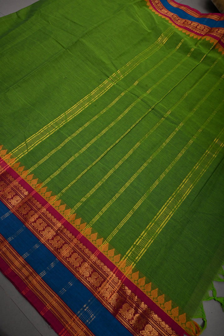 Parrot Green Kanchi Cotton Saree with Contrast Zari Borders | SHOBITAM