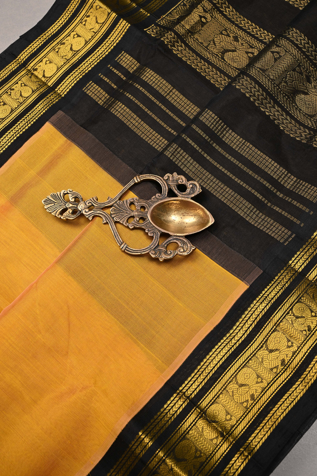 Mustard Yellow Korvai Kanchi Silk Cotton Handloom Saree and Contrast Zari Border | SHOBITAM