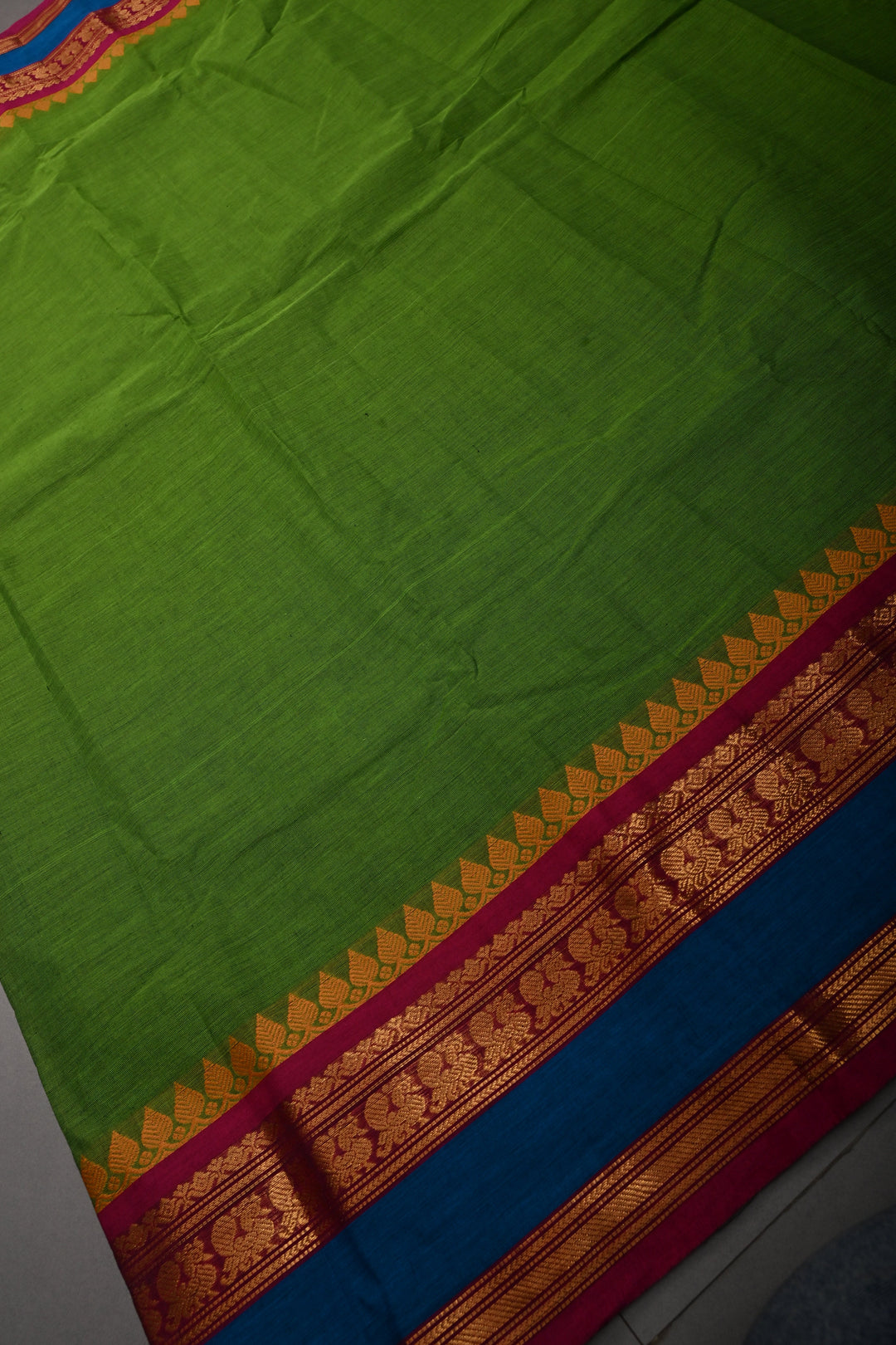 Parrot Green Kanchi Cotton Saree with Contrast Zari Borders | SHOBITAM