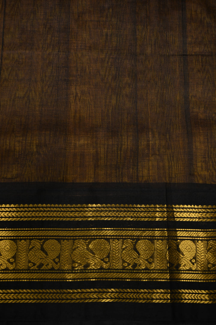 Mustard Yellow Korvai Kanchi Silk Cotton Handloom Saree and Contrast Zari Border | SHOBITAM