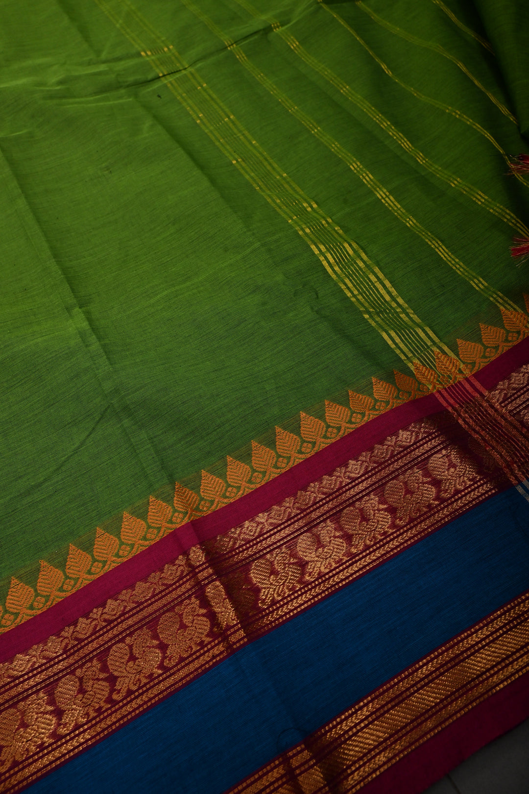 Parrot Green Kanchi Cotton Saree with Contrast Zari Borders | SHOBITAM