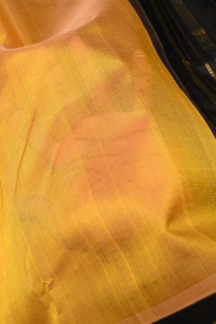 Mustard Yellow Korvai Kanchi Silk Cotton Handloom Saree and Contrast Zari Border | SHOBITAM