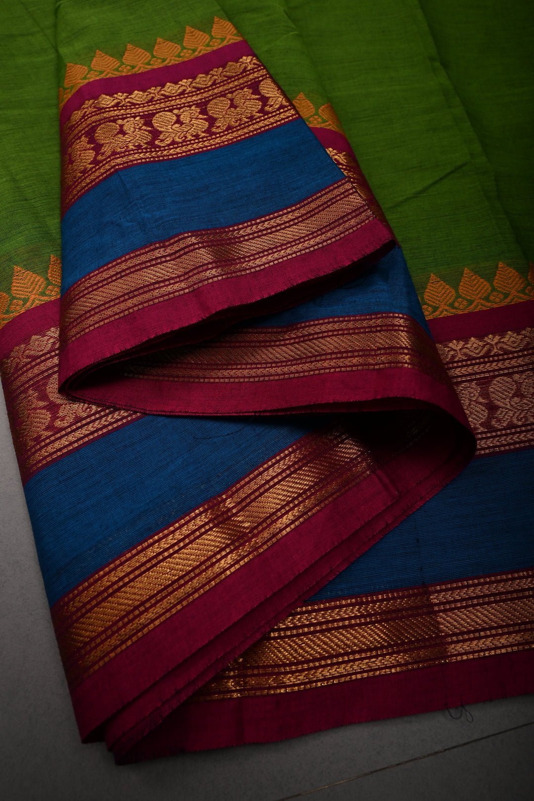 Parrot Green Kanchi Cotton Saree with Contrast Zari Borders | SHOBITAM