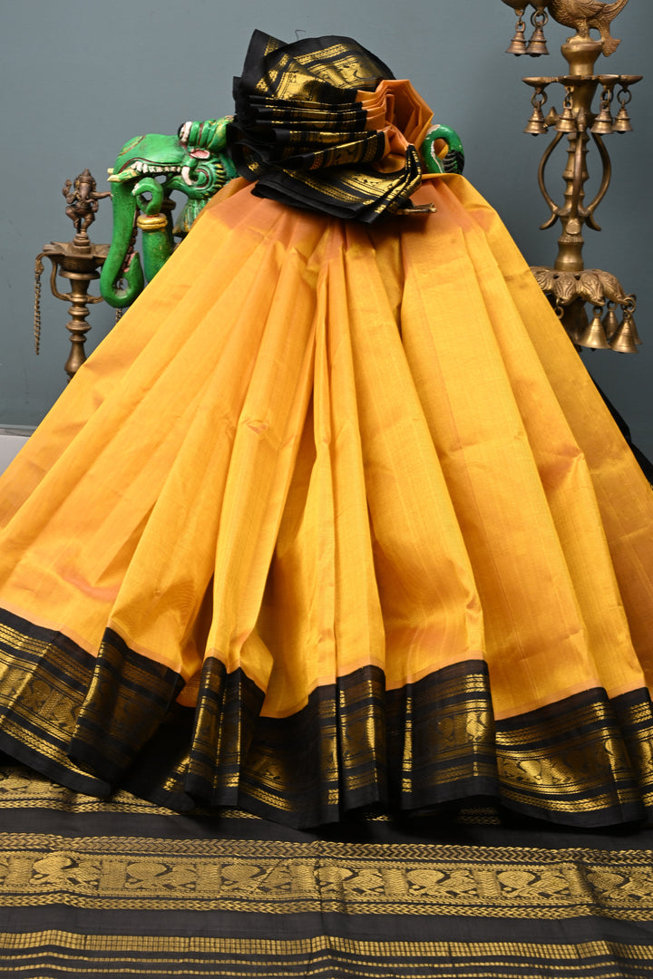 Mustard Yellow Korvai Kanchi Silk Cotton Handloom Saree and Contrast Zari Border | SHOBITAM