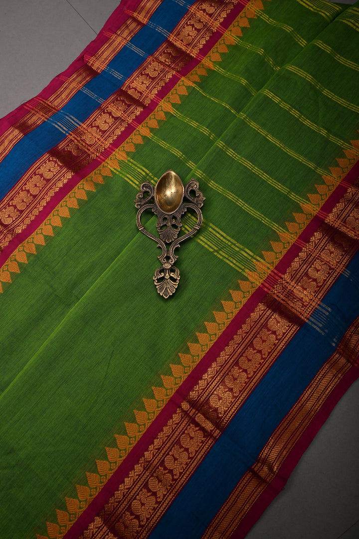 Parrot Green Kanchi Cotton Saree with Contrast Zari Borders | SHOBITAM