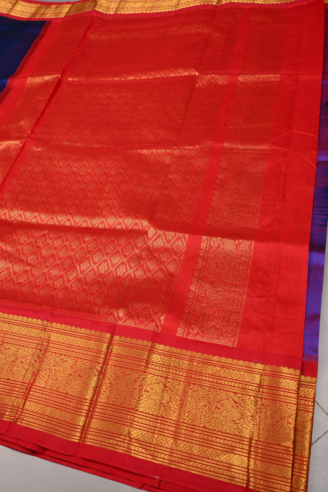 Sapphion Blue Korvai Kanchi Silk Cotton Handloom Saree with Checks Pattern and Contrast Zari Border