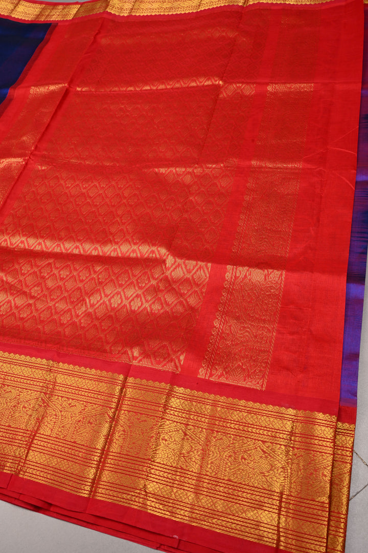 Sapphion Blue Korvai Kanchi Silk Cotton Handloom Saree with Checks Pattern and Contrast Zari Border